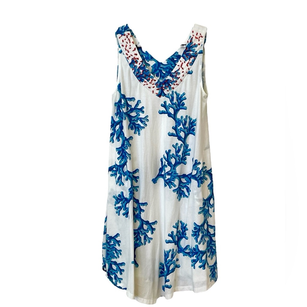 Coral print w/red coral beading summer dress